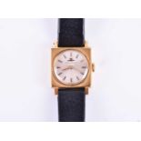 A Jaeger le Coultre 9ct gold ladies wristwatch, the silvered dial with slim baton indices in a