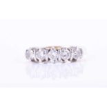 A yellow gold and diamond ringthe five claw and bar set round brilliant-cut diamonds approximately