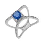 Frost of London, An 18ct white gold, diamond and sapphire crossover ring, set with central