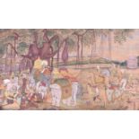 A finely polychrome painted Indian scroll depicting a scene of soldiers and animals before a battle,