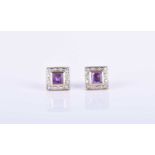 A pair of 14k yellow gold, diamond, and amethyst earringsof squared form, each with a mixed square-