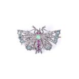 A silver gilt, diamond, and gemstone butterfly broochthe wings with openbacksetting, set with