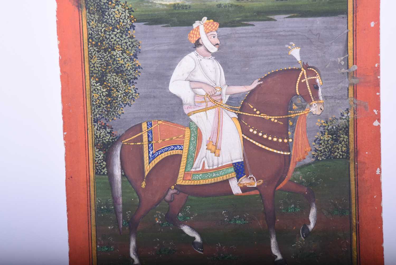 Indian school, 19th century, Royal Prince on horse, before a river and landscape, within yellow - Image 3 of 4