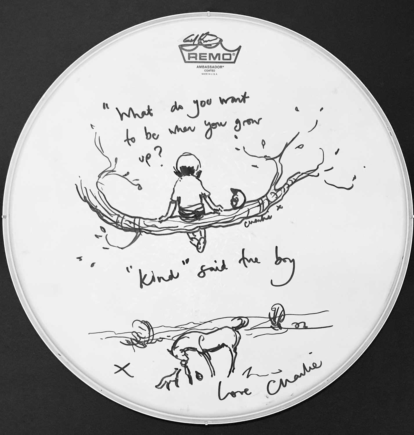 The Artist Charlie Mackesy 'When I Grow Up' on EPK's signed drum head Charlie has penned a classic - Image 2 of 3