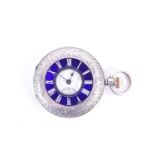 A Victorian silver and enamel half hunter ladies fob watch, the white enamel dial with black Roman