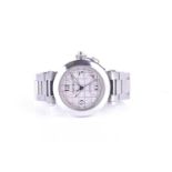 A Cartier Pasha stainless steel automatic wristwatch, the engine turned dial with grid pattern,