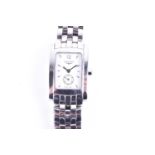 A Longines ladies stainless steel wristwatch, the rectangular white dial with arrow shaped indiced