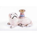 A Chinese porcelain lion dog incense stick holder, Jiaqing/Daoguang period, the sconce in Famille