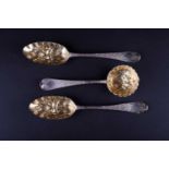 A pair of Geo II silver table spoons, James Wilkes, London 1749, the bowls later embossed and gilded