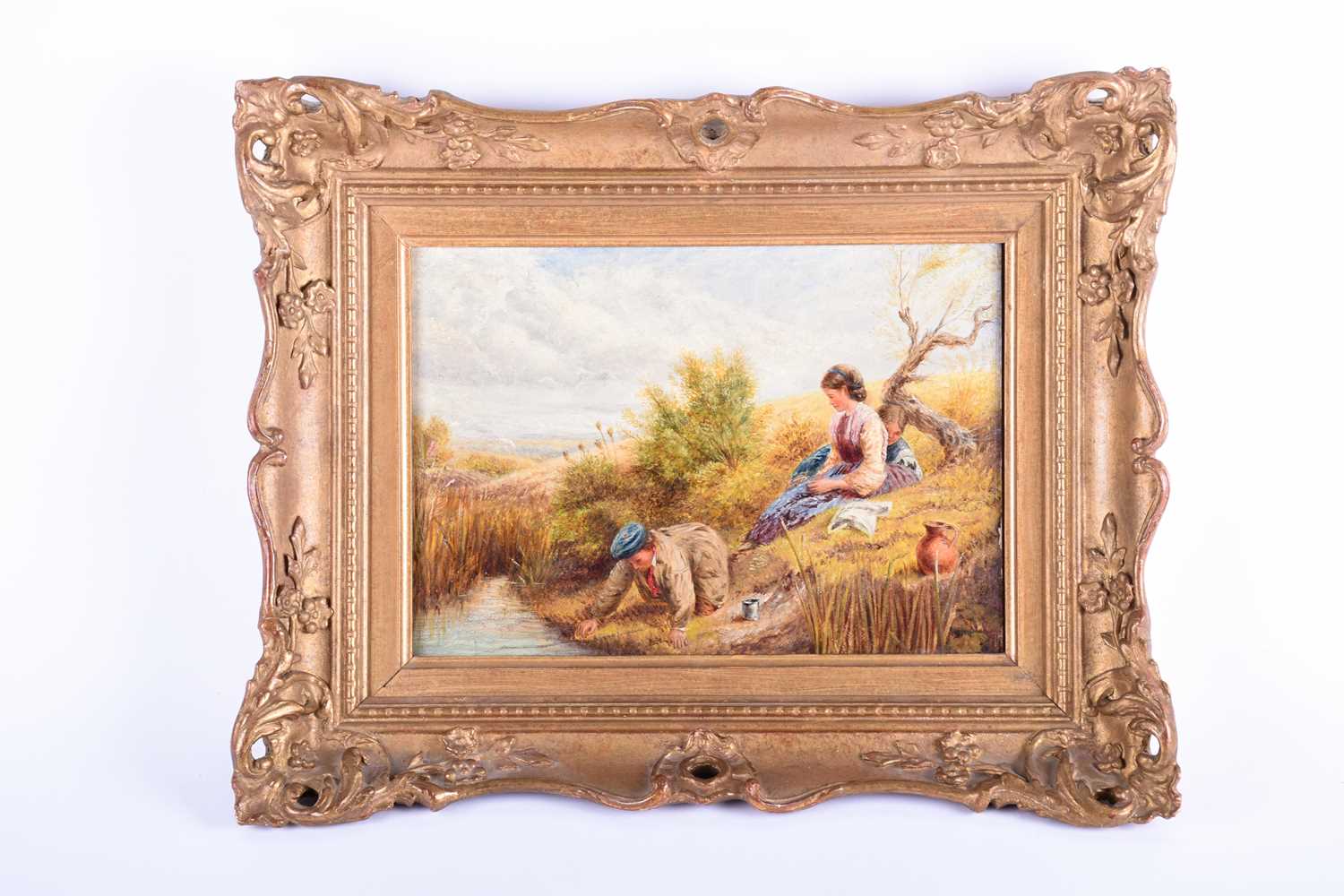 W C T Dobson, (British, 19th century), 'Rural Scene - Children relaxing by a stream', indistinctly