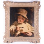 Early 20th century English school, a portrait of a boy eating porridge, a kitten on the table in