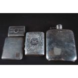 A George V silver hip flask, Sheffield 1930, by G & JW Hawksley, 12 cm x 9 cm, together with three