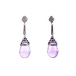 A pair of diamond and amethyst drop earringseach set with a large briolette-cut amethyst, set in a