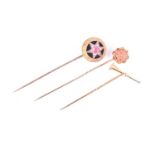 A late 19th / early 20th century yellow metal, pink stone and rose-cut diamond stick pin, the