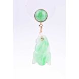 A pair of 18ct yellow gold and jade drop earringseach with a rounded cabochon jade, bezel-set,