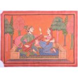 Indian Basohli School, 18th century, musician with female companion, on a low settee flanked by