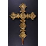 A late 15th century Italian Renaissance period processional cross, gilt decorated on copper with a
