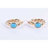 A pair of 14ct yellow gold and turquoise hoop earringsof rope-twist design, each mounted with a