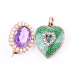 A 19th century diamond and enamel heart-shaped pendantdecorated with green guilloche enamel and