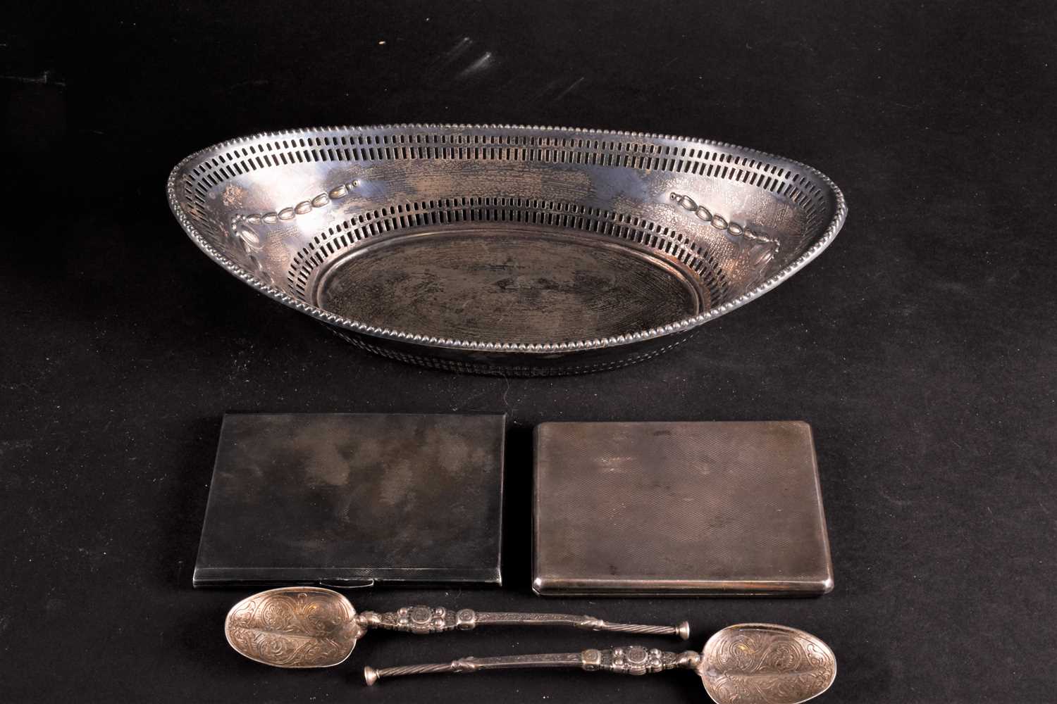 An Edwardian oval silver basket, two cigarette cases (one a/f) and two Coronation anointing - Image 3 of 4