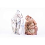A Lladro Gres figure group of a monkey and her child, 27 cm high, together with two further Lladro