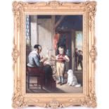 19th-century Dutch school, 'Spinning Wool' an interior scene depicting an elderly lady with a boy