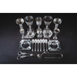 A mixed group of silver and white metal items to include kiddish cups, goblets, a pair of Israeli