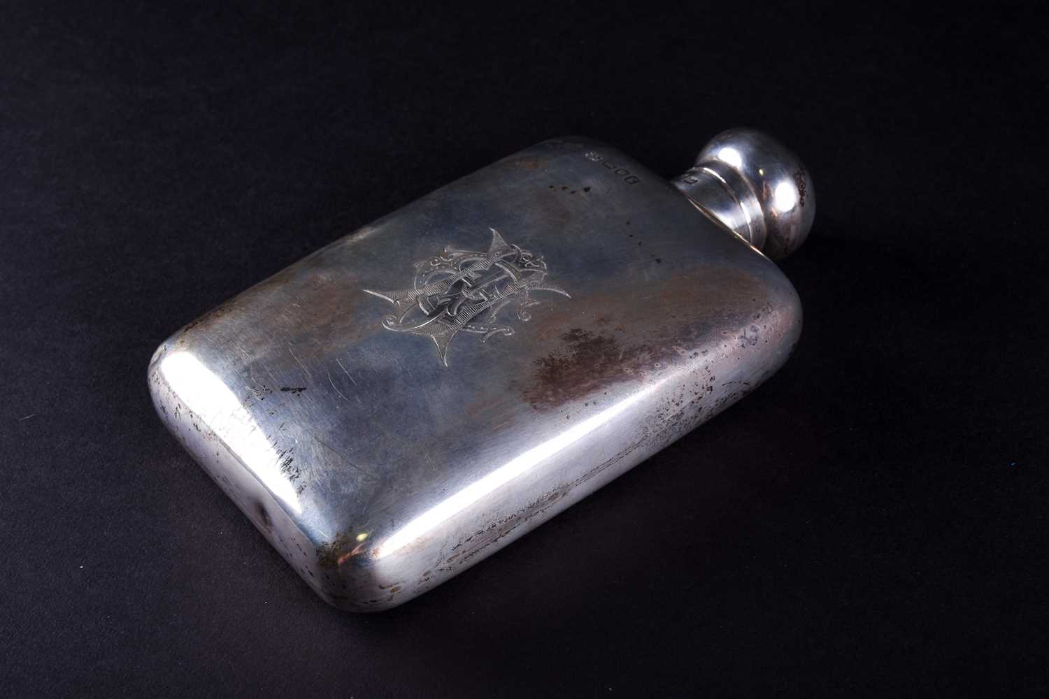 An Edwardian silver hip flask, Robert Pringle & Sons, London 1902, engraved with monogram IEH, 170g, - Image 2 of 6
