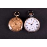 A Stauffer gold metal cased open face pocket watch, the floral engraved dial with Roman numerals,