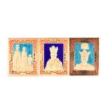 A set of three Iranian gold and enamel pictorial stamps, approximately 21ct gold, commemorating