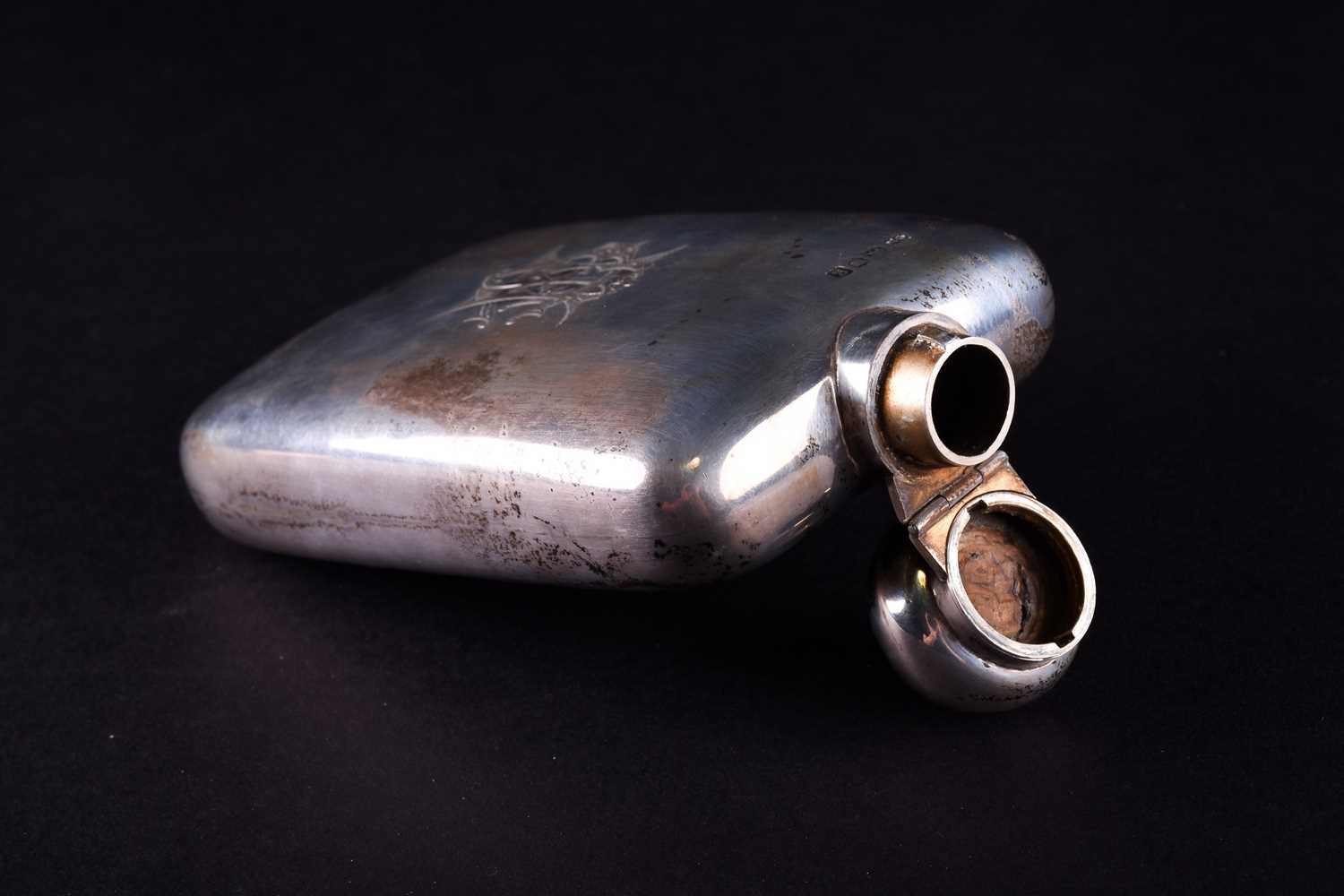 An Edwardian silver hip flask, Robert Pringle & Sons, London 1902, engraved with monogram IEH, 170g,