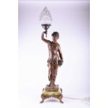 A large patinated spelter table lamp, modelled as a Goddess holding aloft a flaming torch, on a gilt