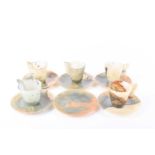 Five Chinese carved soapstone cups with six saucers, early - mid 20th century, the cups with