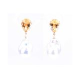 A pair of yellow gold, citrine, and pearl earrings, each with a detachable pearl drop, with good