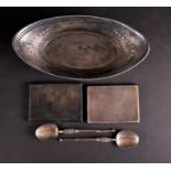 An Edwardian oval silver basket, two cigarette cases (one a/f) and two Coronation anointing