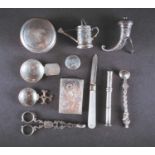 An interesting collection of small silver and white metal items, to include a Hanau novelty silver