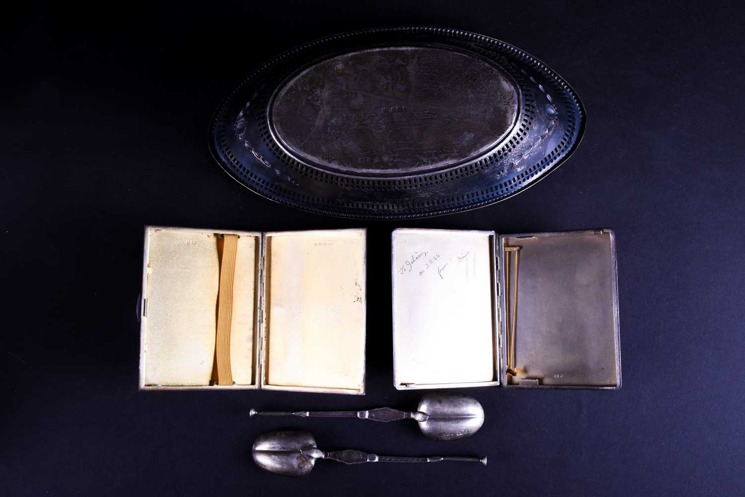 An Edwardian oval silver basket, two cigarette cases (one a/f) and two Coronation anointing - Image 2 of 4