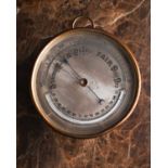 A late 19th century brass cased barometer, with silvered dial engraved to the centre, with