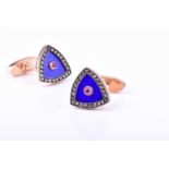 August Hollming. A pair of rose gold, diamond, and blue enamel cufflinks, of triangular design, each