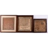 Three framed 19th century needlework samplers, dated from 1811 to 1838, the largest 35 cm x 33 cm.