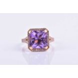 An 18ct rose gold, diamond, and amethyst ringset with a mixed square-cut amethyst, the border,
