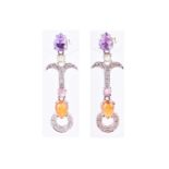 A pair of 9ct white gold, diamond and gemstone earringsthe mount surmounted with a pear-cut amethyst