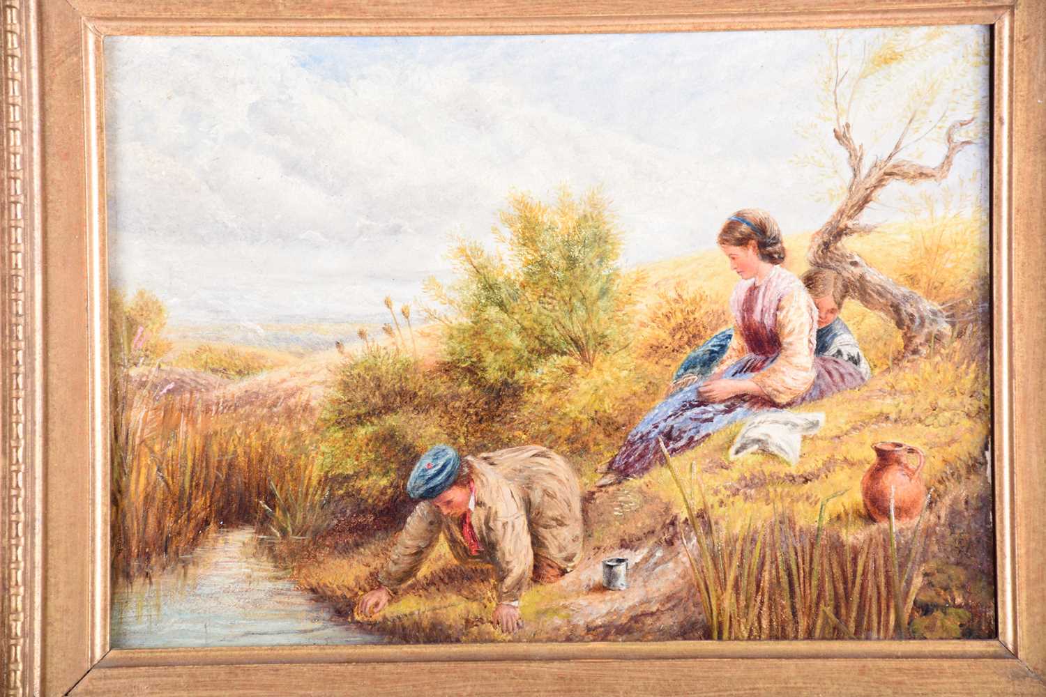 W C T Dobson, (British, 19th century), 'Rural Scene - Children relaxing by a stream', indistinctly - Image 3 of 4