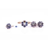 An 18ct yellow gold, diamond, and sapphire floral cluster ring(one sapphire loose), size O, together