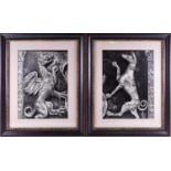 Two larged framed black and white photographs of Heraldic carving details, by Frederick Leslie