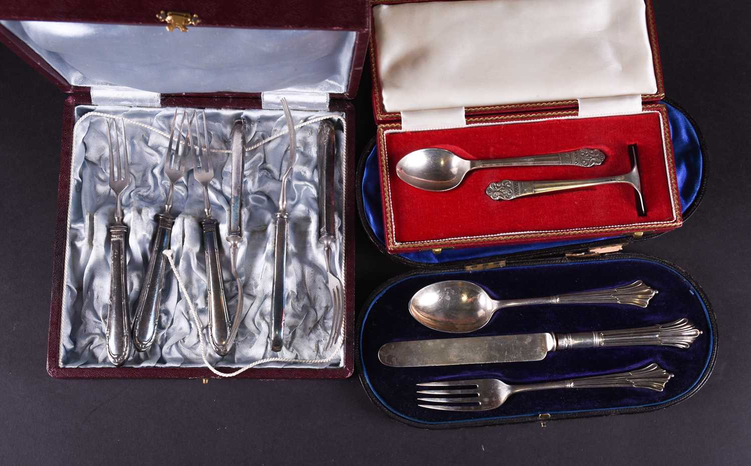 Two cased sets of silver flatware, various dates and makers, together with a cased set of six cake
