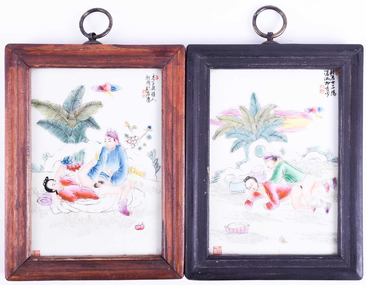 A pair of Chinese erotic porcelain panels, 20th century, each in a famille rose palette, with