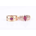 A yellow metal, CZ and red stone ringthe wide band centred with a hexagonal-cut ruby, size J,