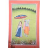 Indian School, Krishna blowing his conch shell 'Panchajanya' with Radha holding a parasol,