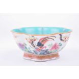 A Chinese famille rose petal shape bowl, late Qing, decorated with a pheasant upon rockwork